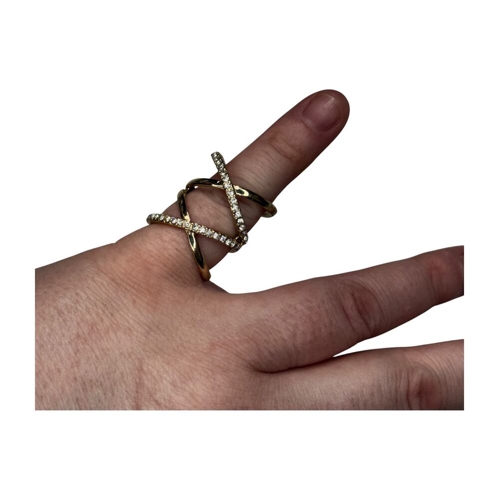 Gold Tone Rhinestone Criss Cross Wide Band Statement Ring Open Lattice 8.5 - Picture 3 of 6
